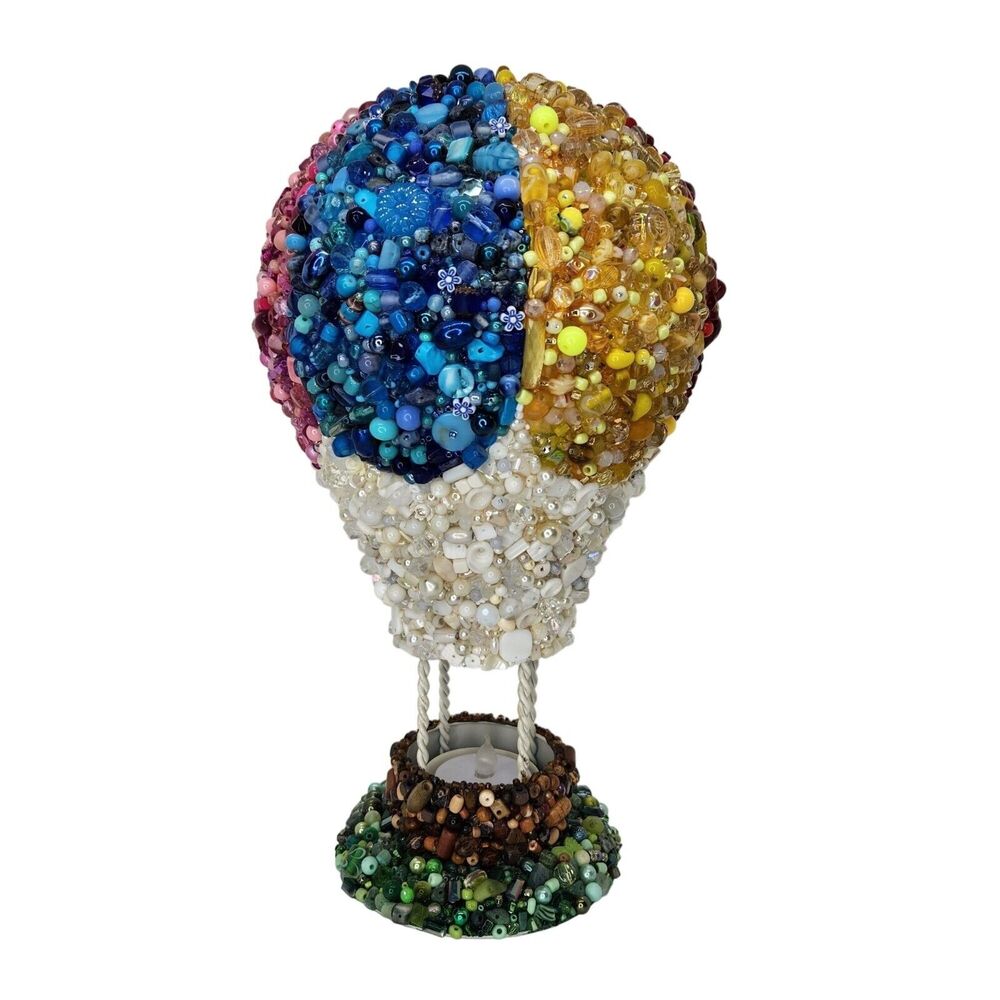 OOAK 11in Hot Air Balloon Tea Light Holder Rainbow Beaded Embellished‎ Nursery